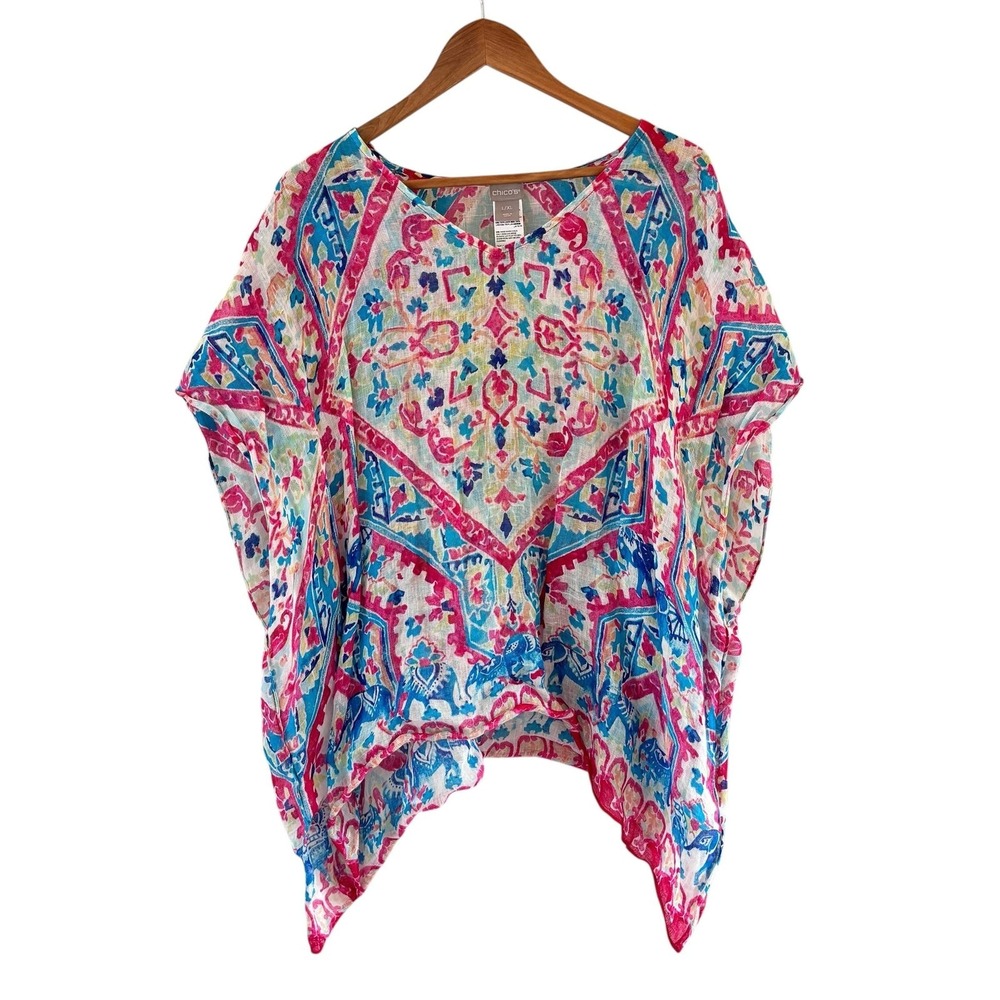 Chicos Linen Kimono Top Womens Size L/XL Multicolor Floral Boho Sheer Beach‎